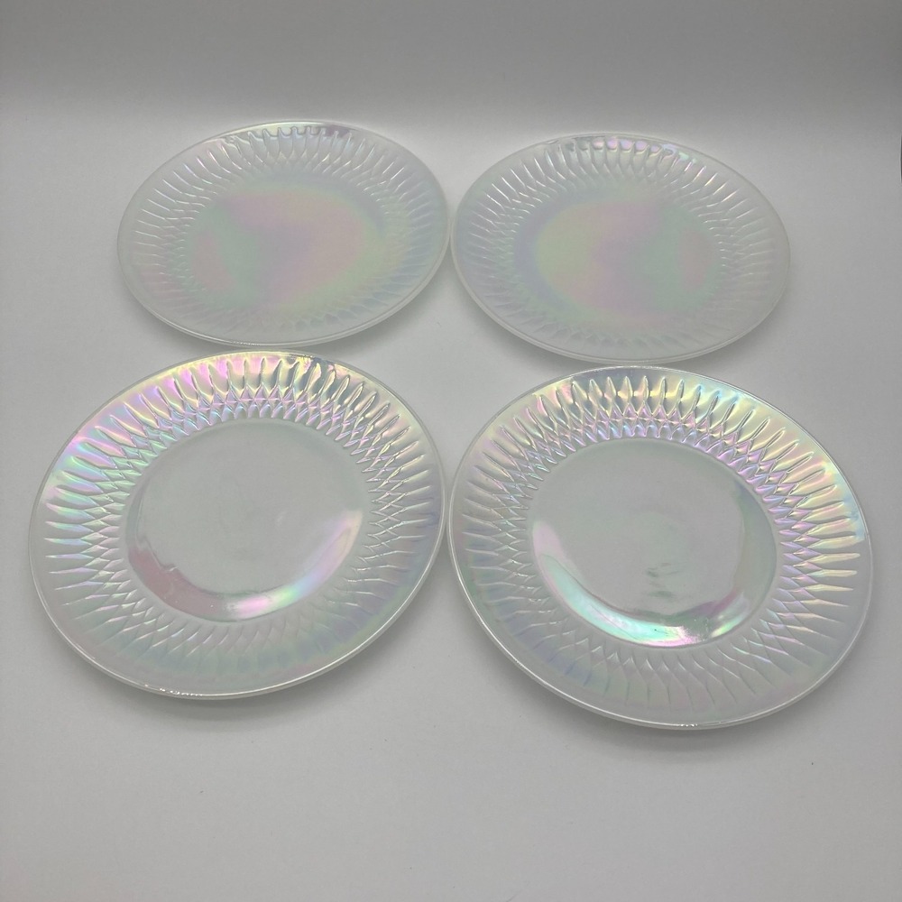 Vtg Federal Glass Moonglow Iridescent White Milk Glass Dinner Plates Set of 4